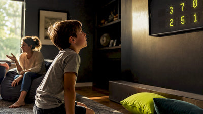 Child viewing a screen-free baseball scoreboard
