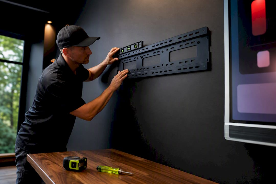 Installer preparing home scoreboard mounting hardware