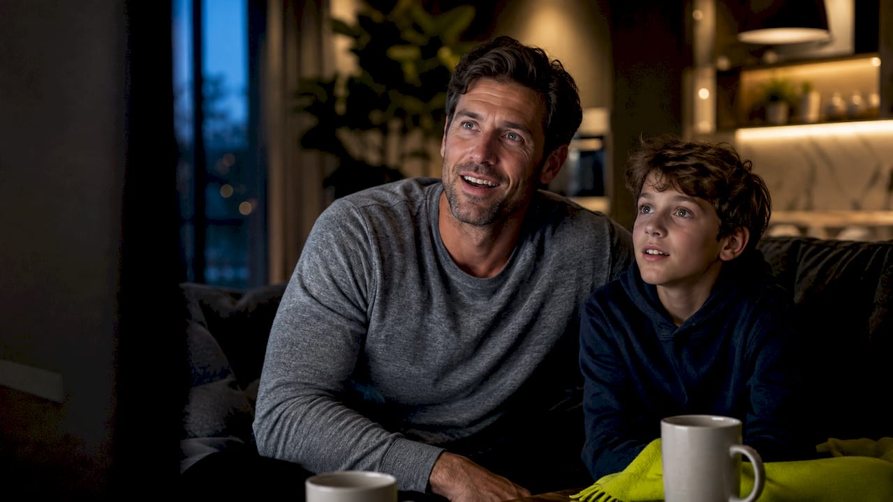 Family viewing a screen-free sports display