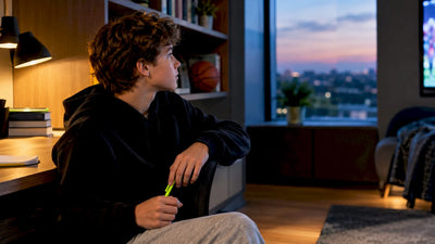 Child glancing toward screen-free sports display