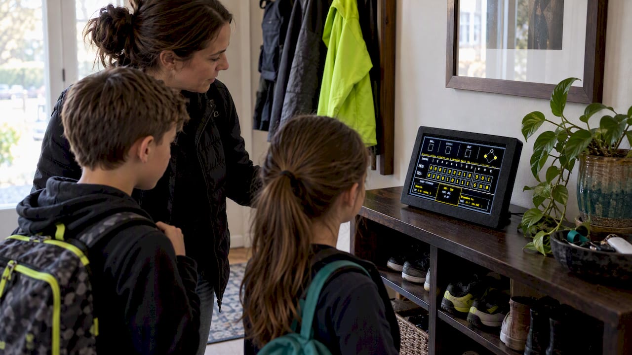 Family checking one LiveWire sports scoreboard