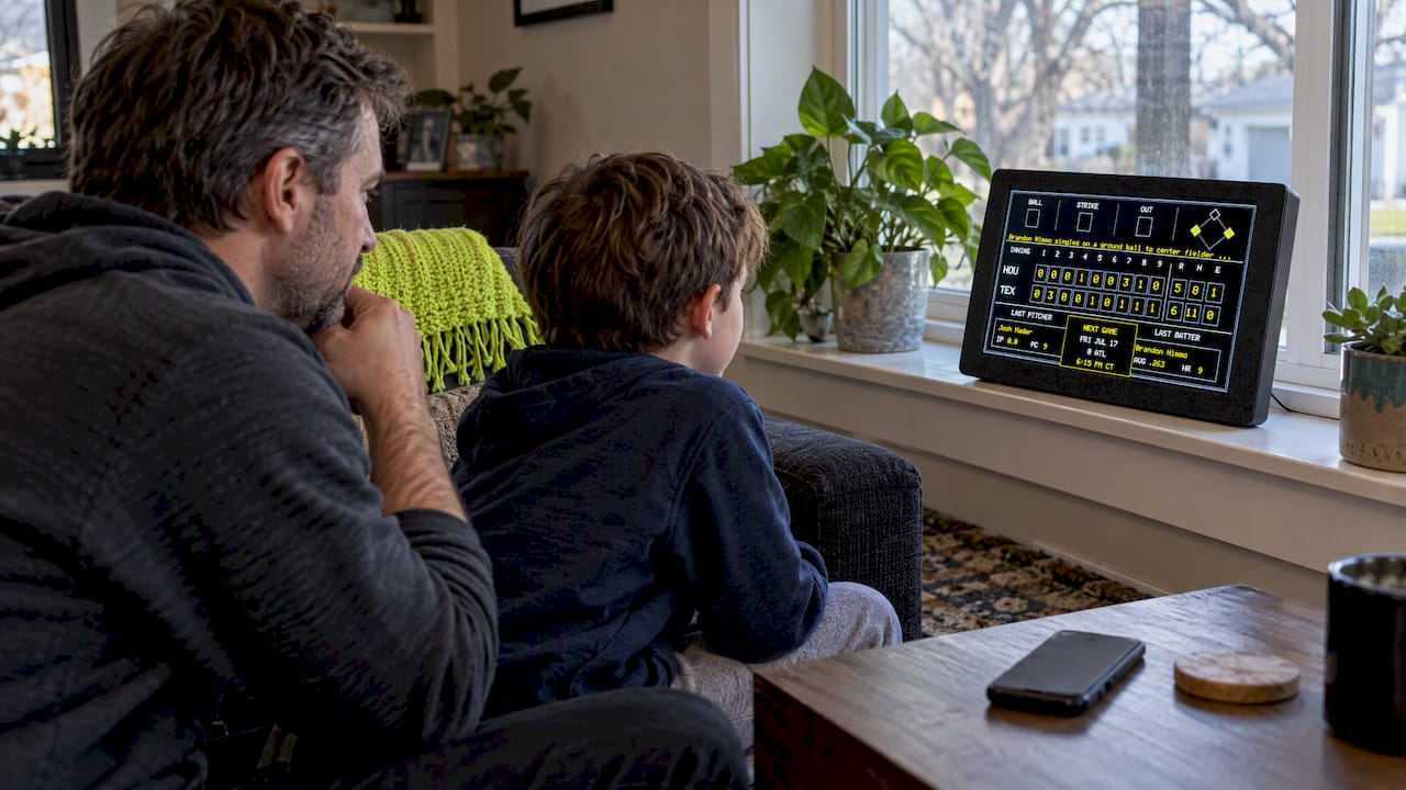 Family using a screen-free LiveWire sports scoreboard