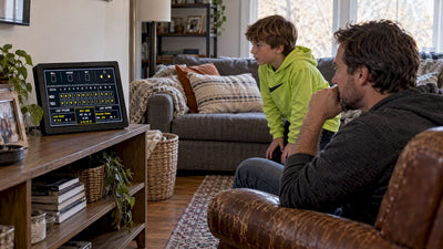 Family checking hockey score on LiveWire Board