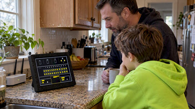 Family checking LiveWire sports scoreboard in kitchen